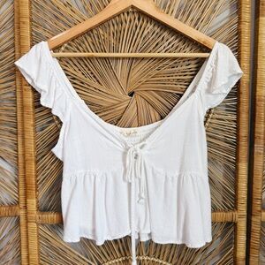 La Hearts White Flutter Sleeve Tie Front Crop Top
